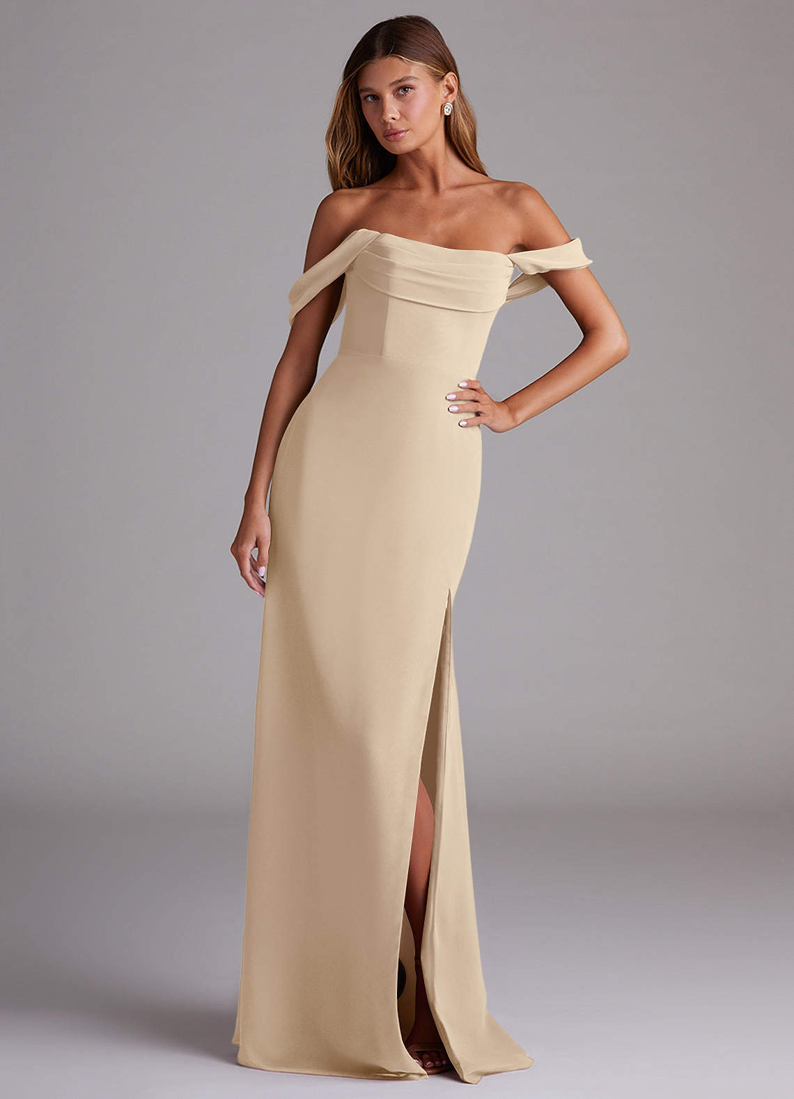 Azazie Saige Bridesmaid Dresses Champagne A-Line Off the Shoulder Chiffon Convertible Dress image3