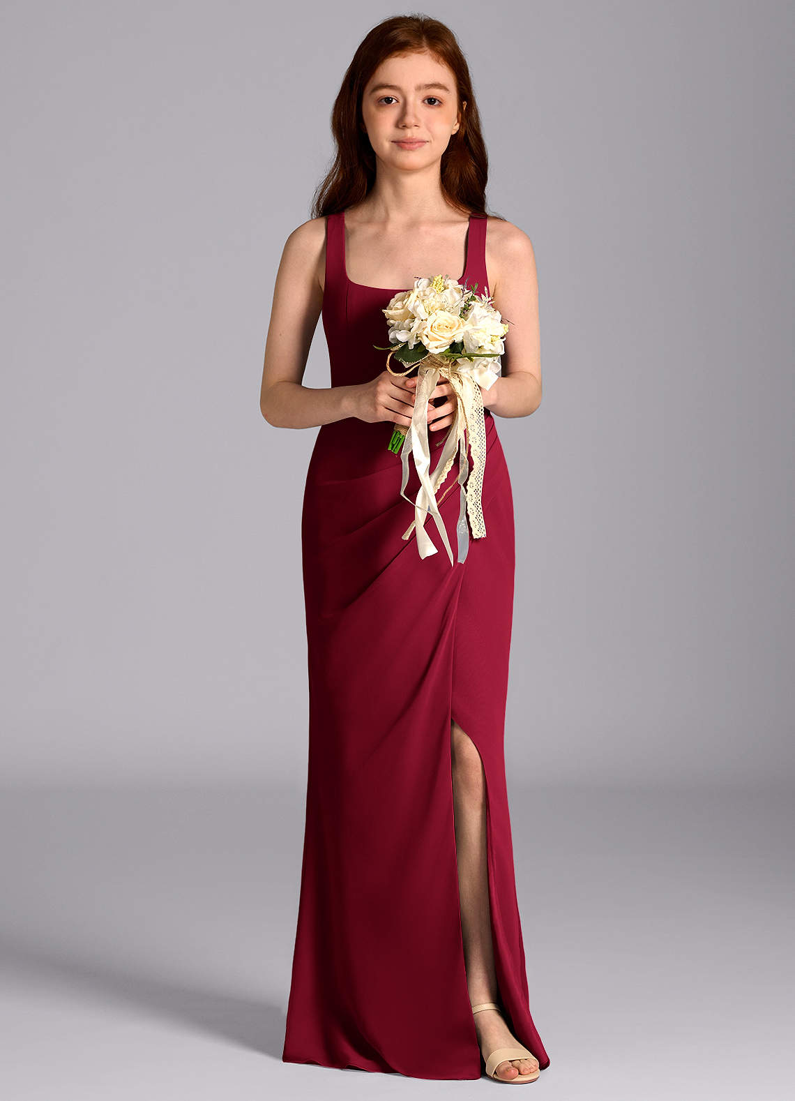 junior bridesmaid dresses burgundy A Line V Back Chiffon Lace Junior Bridesmaid Dress
