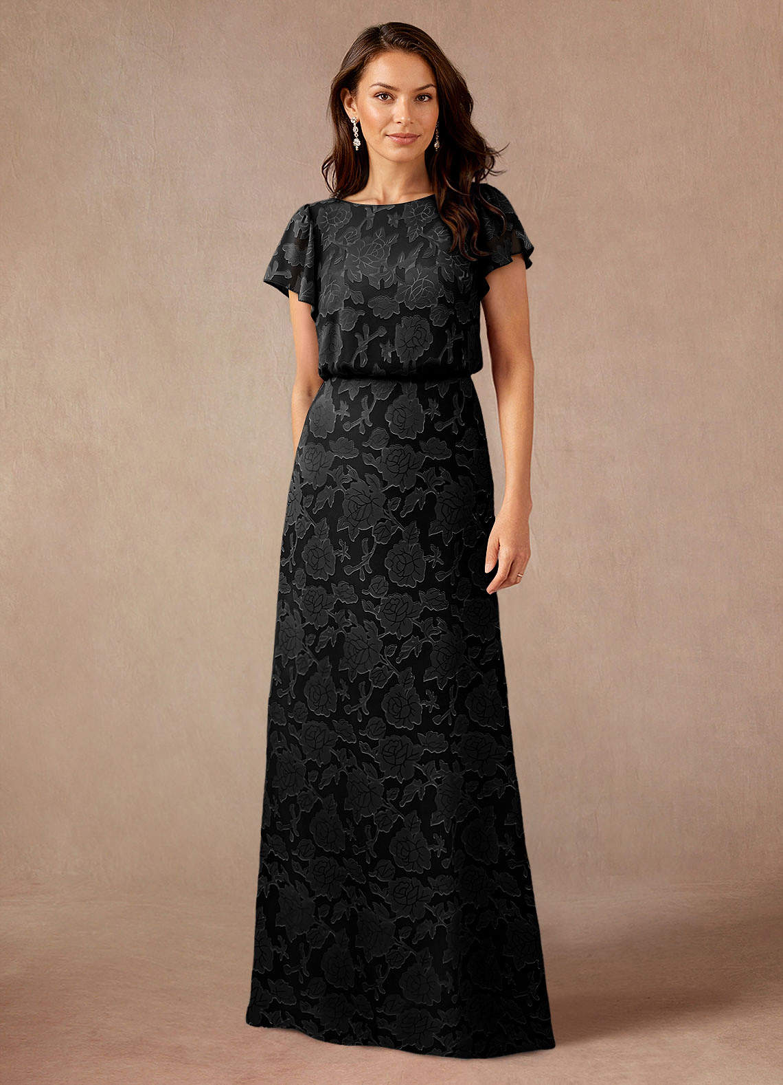 Azazie Lehi vestidos de madre de la novia Vestido de Negro de Devorado Floral de Corte En A con Cuello de barco image1