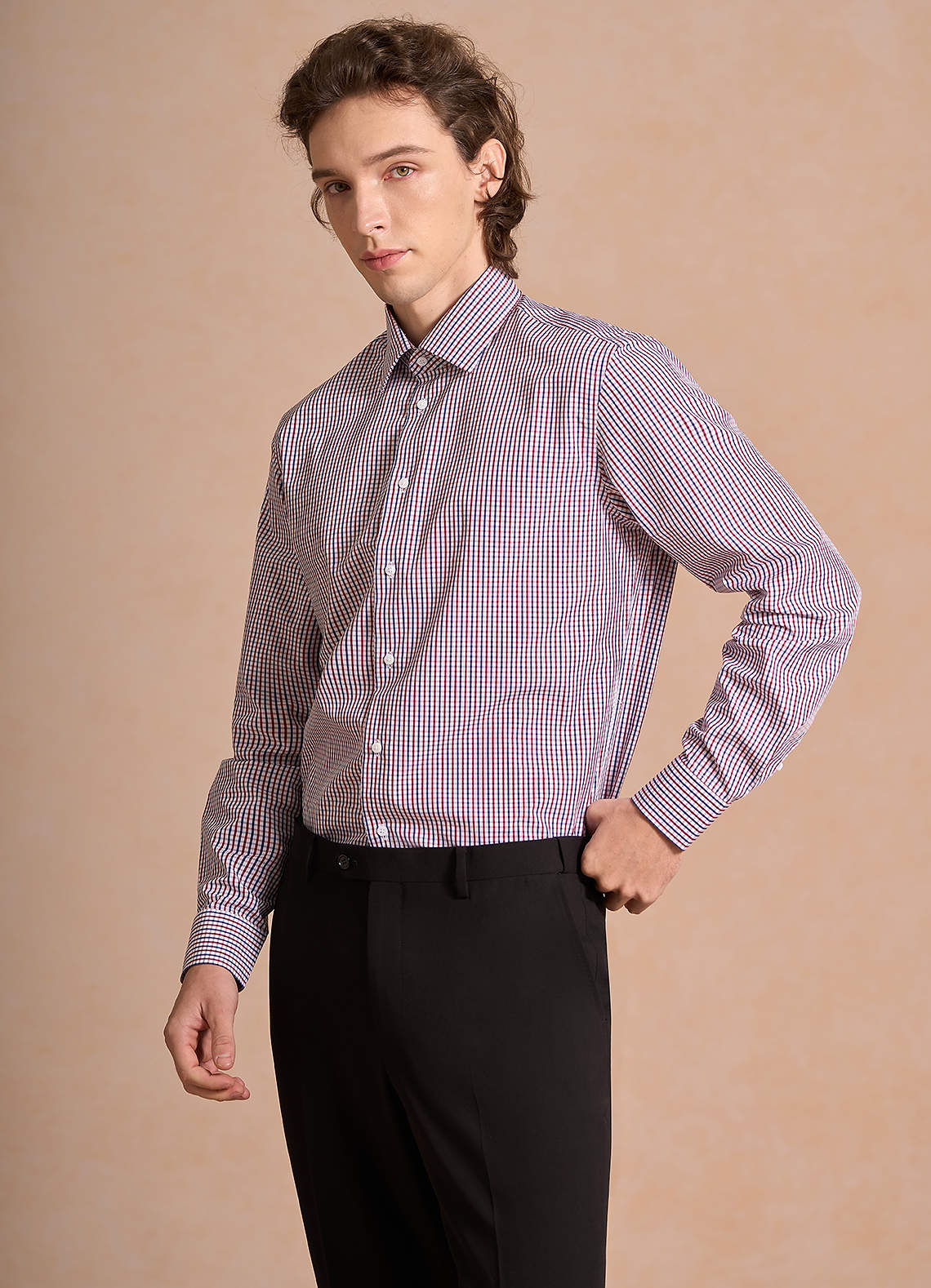 front Aiden Blue Red Contrast 100% Cotton Non-Iron Striped Dress Shirt