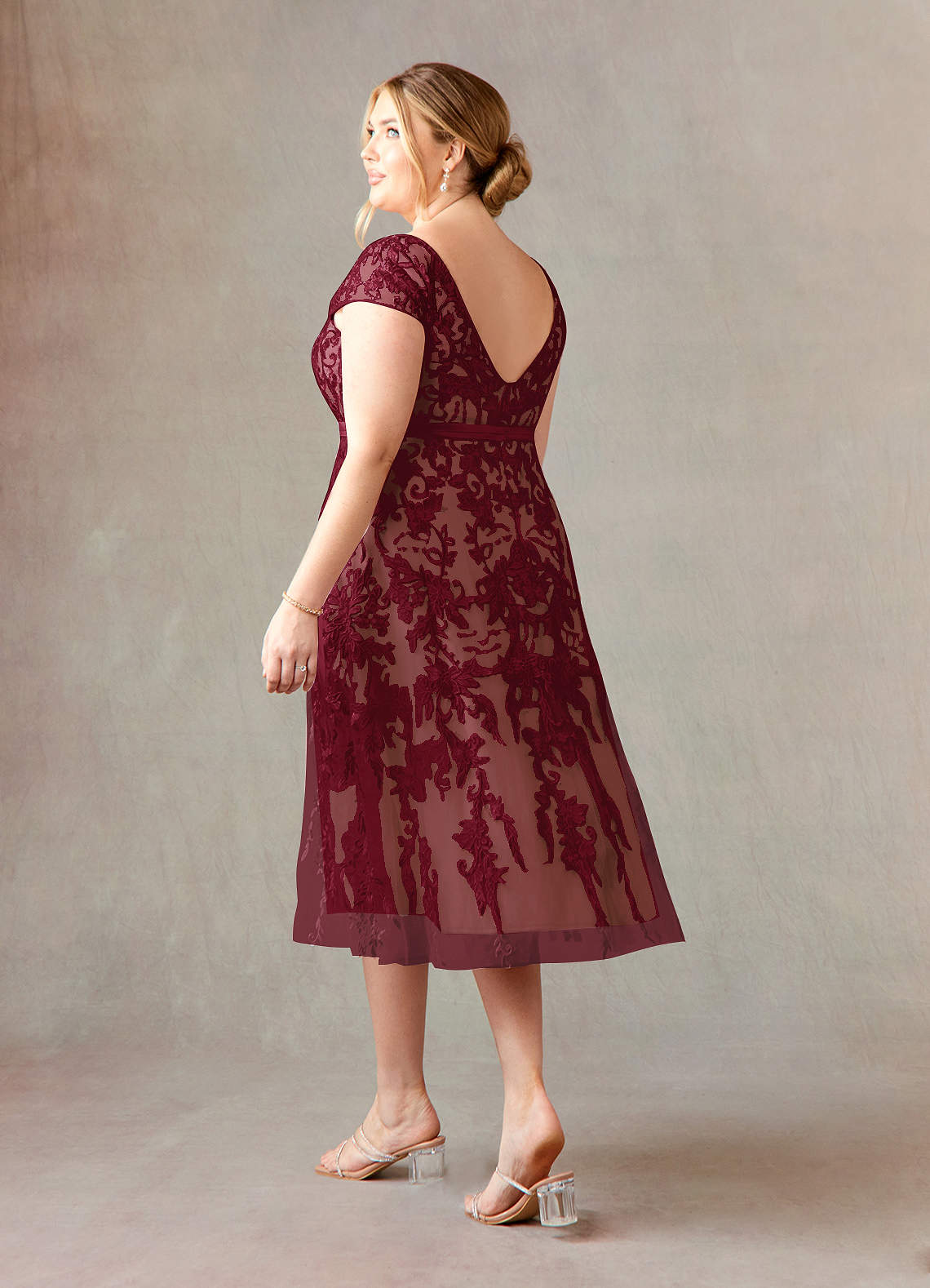 Azazie Sanna At-home Try On Dresses Burgundy Champagne A-Line Scoop Lace Tulle Dress image9