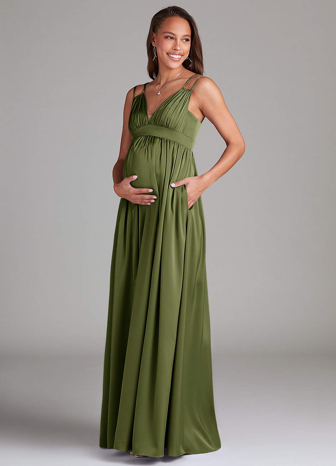 Azazie A-Line V-Neck Floor-Length Tulle Maternity Bridesmaid Dresses - Olive