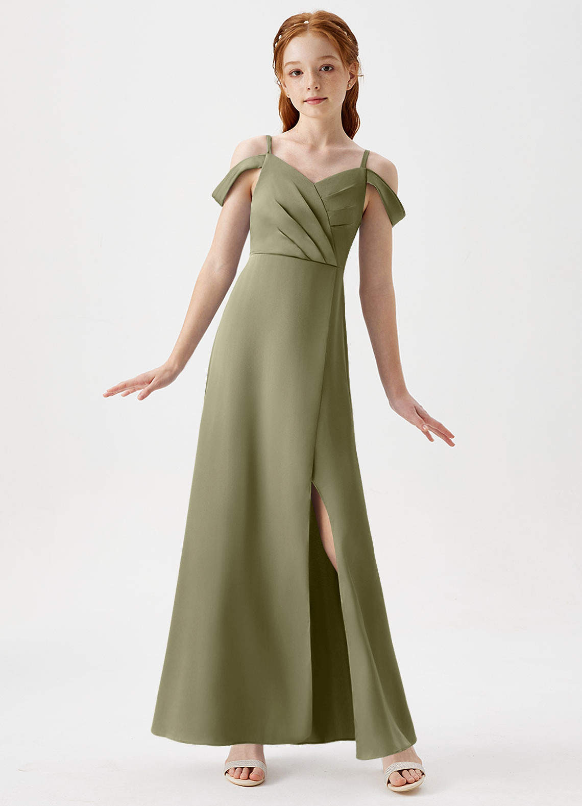 Azazie Ocean Junior Pistachio A-Line Off the Shoulder Stretch Satin Dress image1