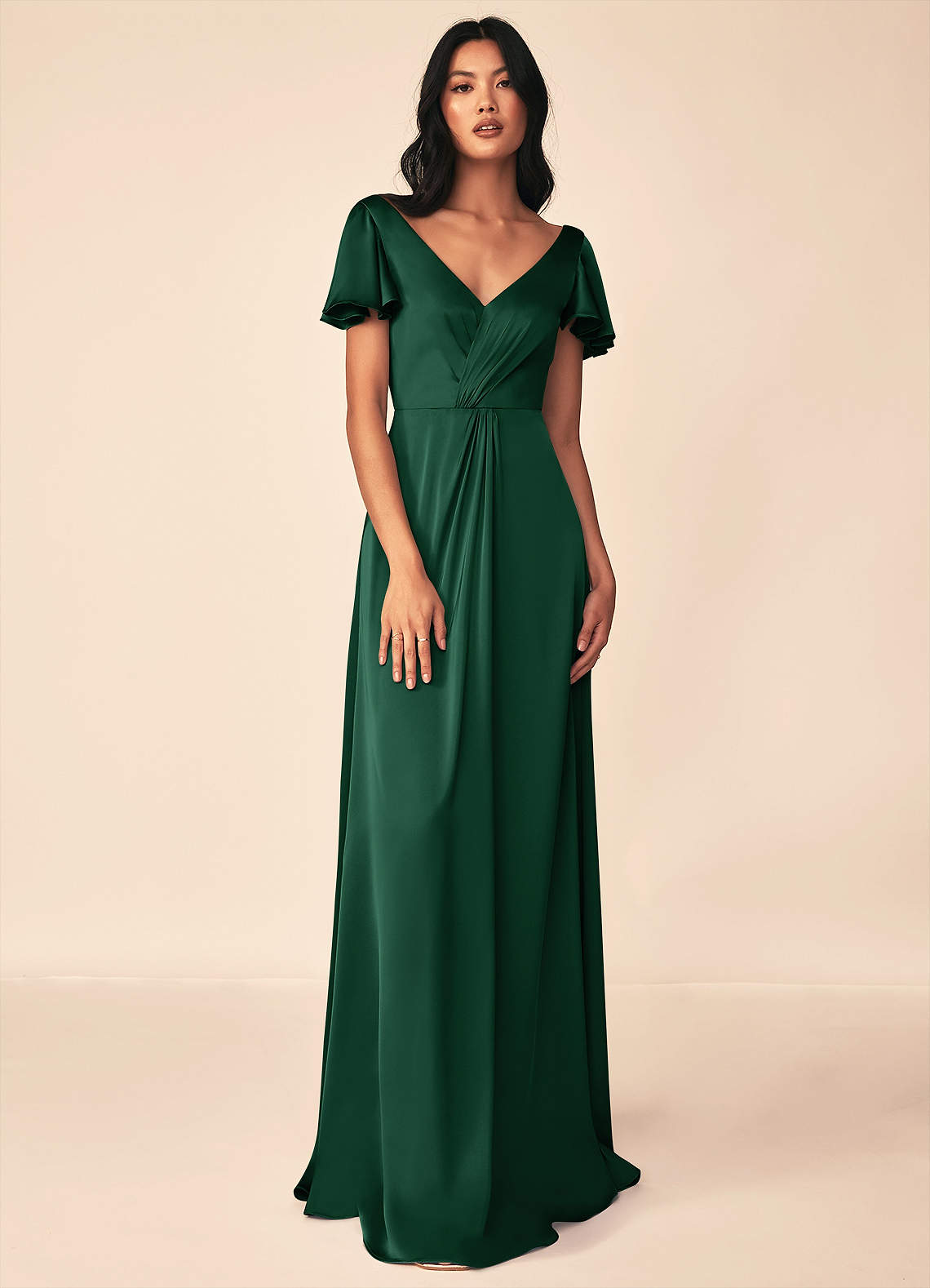 Azazie Soren Bridesmaid Dresses Dark Green A-Line Pleated Stretch Satin Dress image1