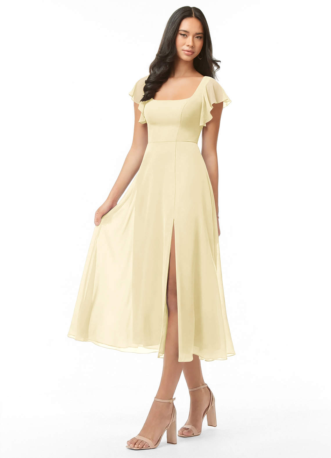 Azazie Bondi Bridesmaid Dresses Lemon Sorbet A-Line Ruched Chiffon Dress image2