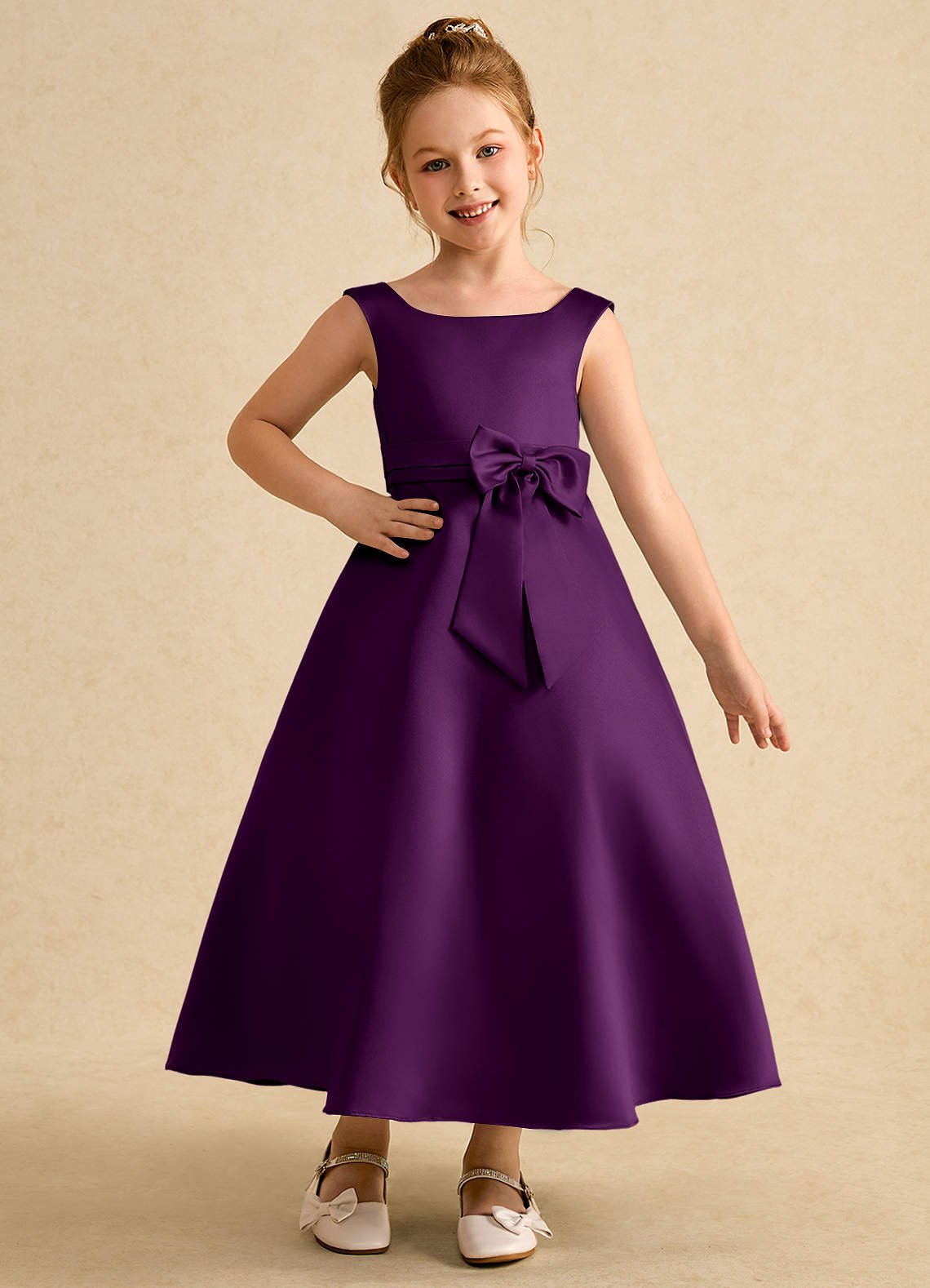 Azazie Eve Flower Girl Dresses Grape A-Line Pleated Matte Satin Dress image1