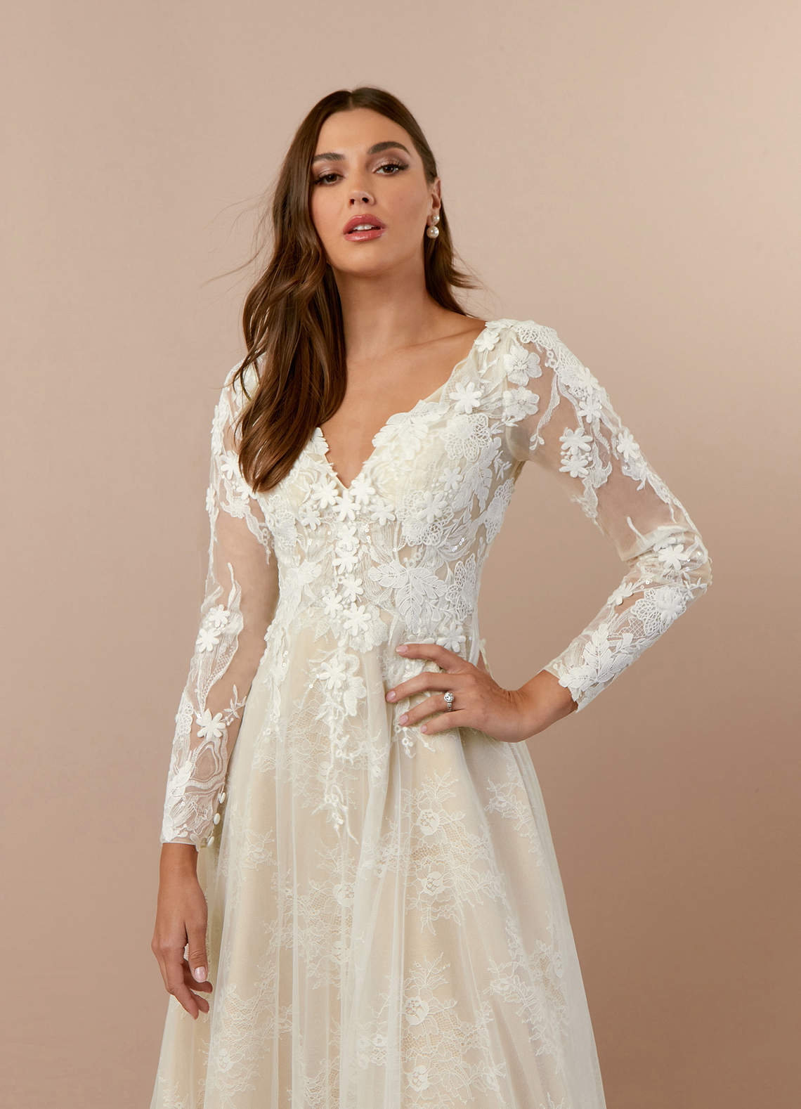 Azazie Leila Wedding Dresses Diamond White Champagne A-Line V-Neck Sequins Tulle Dress image4