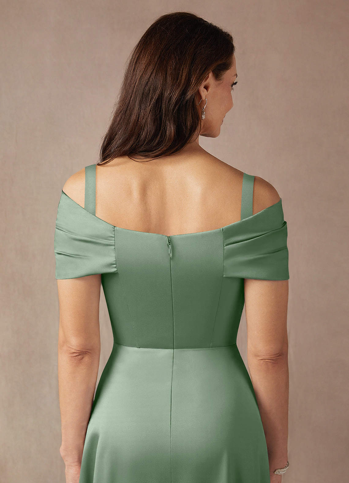 Azazie Amelia Mother of the Bride Dresses Matcha A-Line Off the Shoulder Stretch Satin Dress image6
