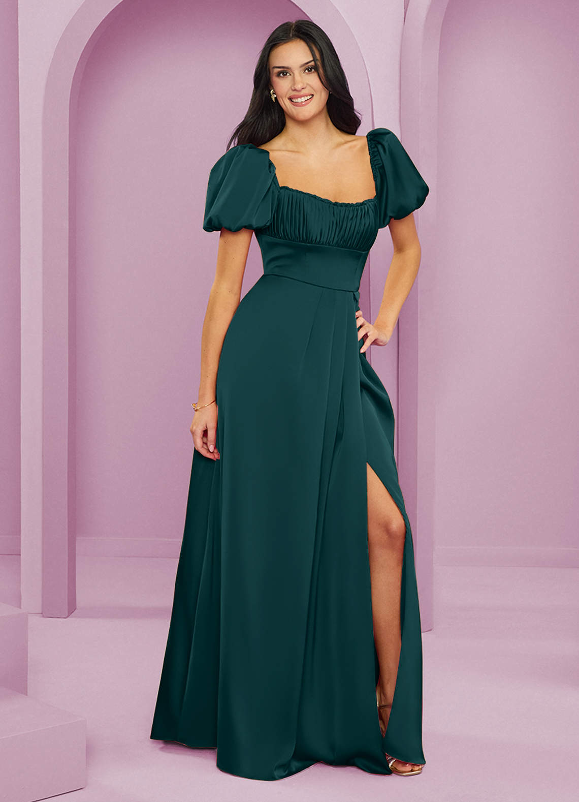 Barbie ♥ Azazie Robes de demoiselle d'honneur Robe Trapèze en Satin extensible Rayé Vert Pin image3