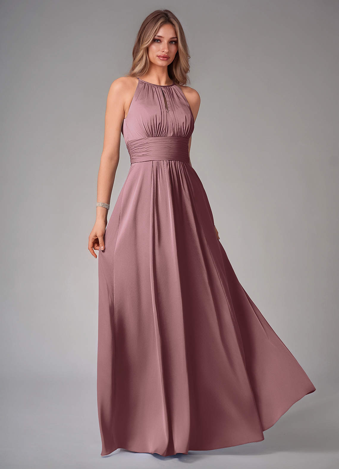 Azazie Bonnie Bridesmaid Dresses Vintage Mauve A-Line Pleated Stretch Satin Dress image1
