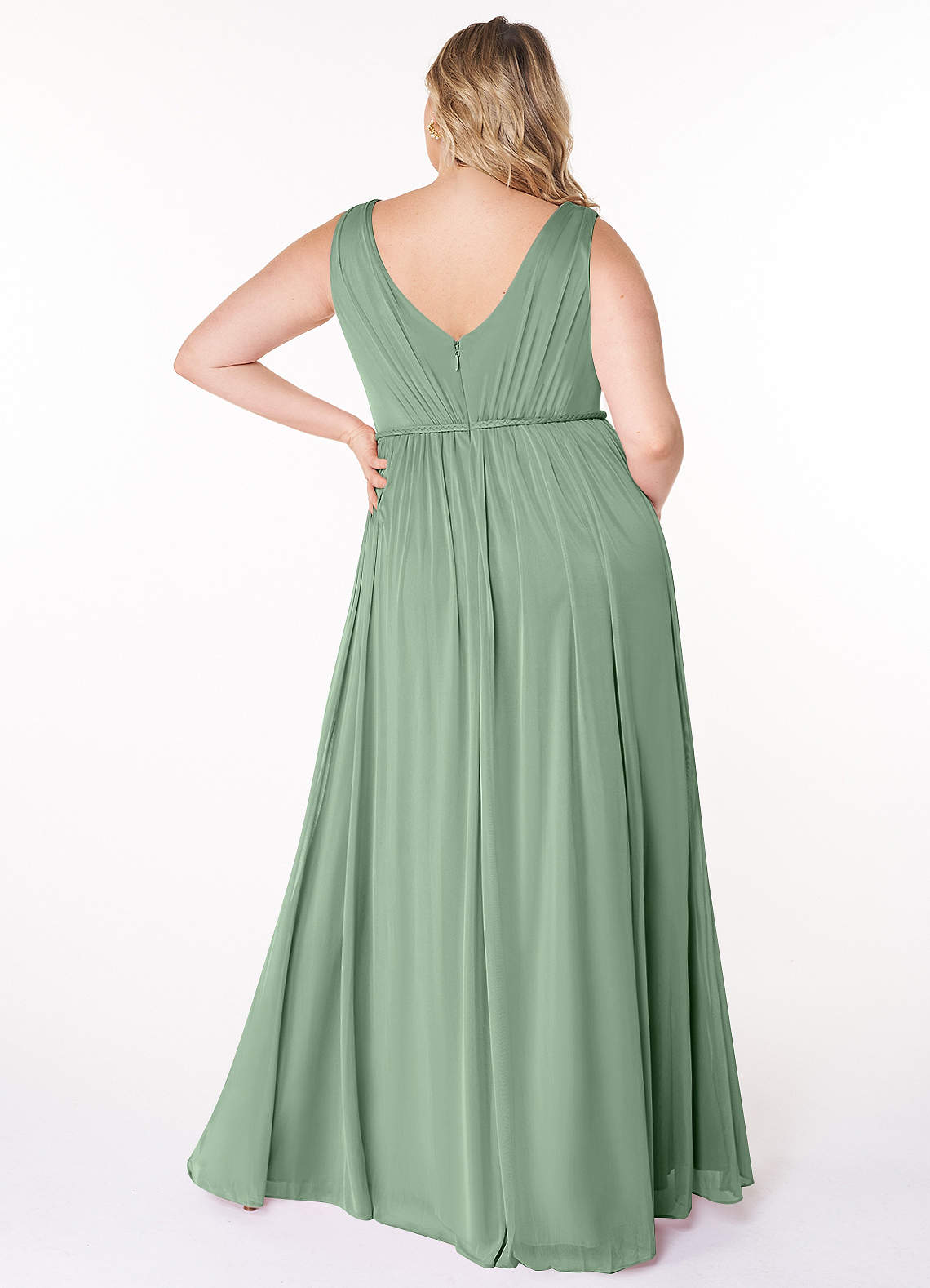 Azazie Tanicia Bridesmaid Dresses Matcha A-Line V-Neck Pleated Mesh Dress image5