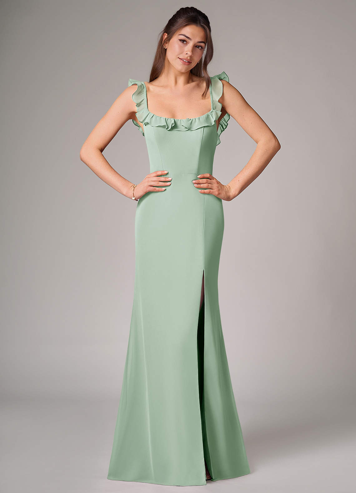 Azazie Callie At-home Try On Dresses Agave Mermaid Side Slit Chiffon Convertible Dress image1