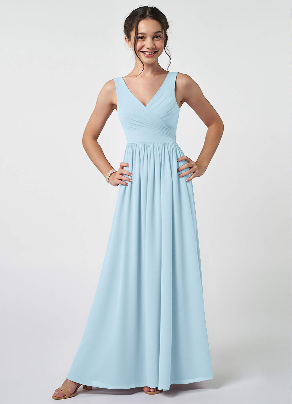 Azazie Keyla Junior Abito A-Line in Chiffon Plissettato Azzurro image1