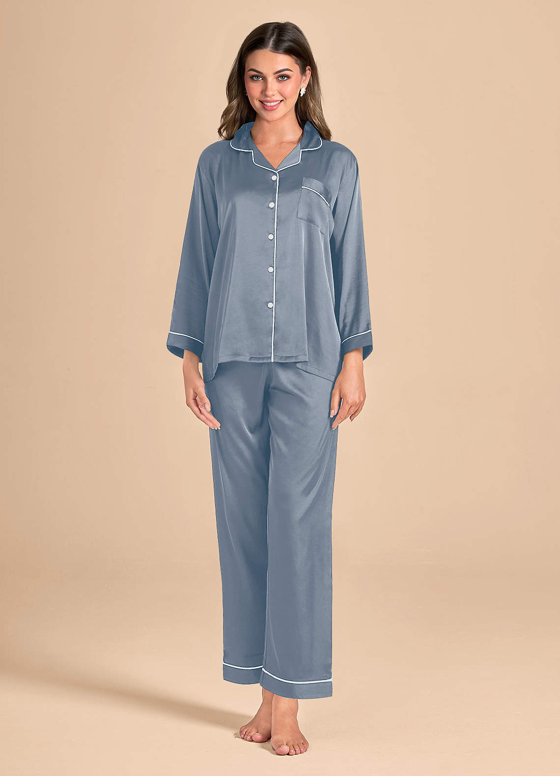 front Long Sleeves and Pants Satin PJ Set