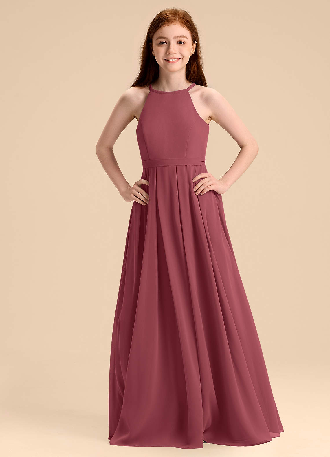 Azazie Arianthe Junior Merlot A-Line Pleated Chiffon Dress image1
