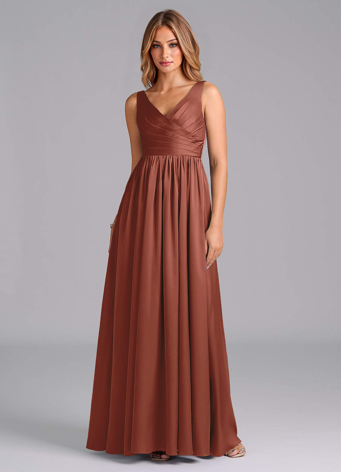 Azazie Keyla Bridesmaid Dresses Auburn A-Line Pleated Stretch Satin Dress image1