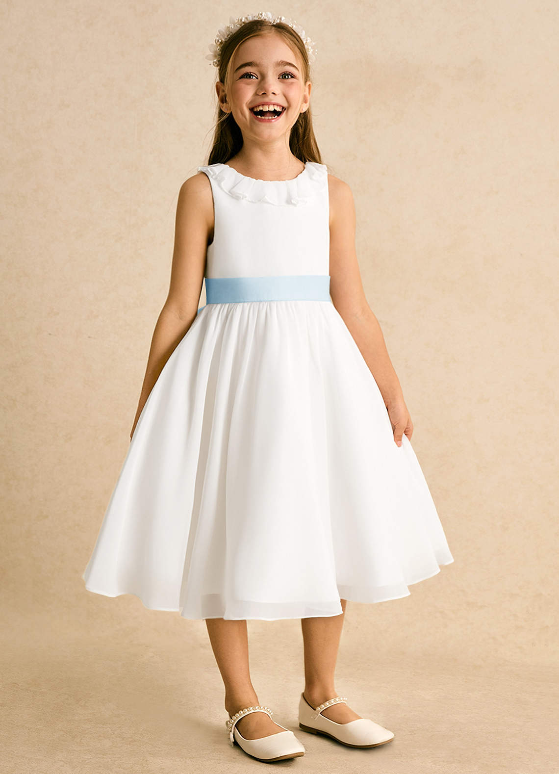 Azazie Dani Blumenmädchenkleider A-Linie Schleifen Chiffon Kleid Elfenbein Himmelblau image5