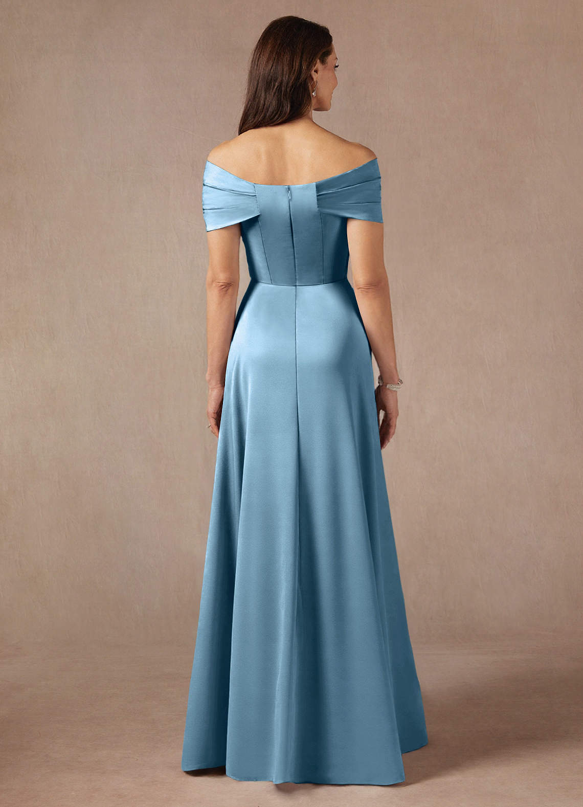 Azazie Amelia Mother of the Bride Dresses Steel Blue A-Line Off the Shoulder Stretch Satin Dress image5