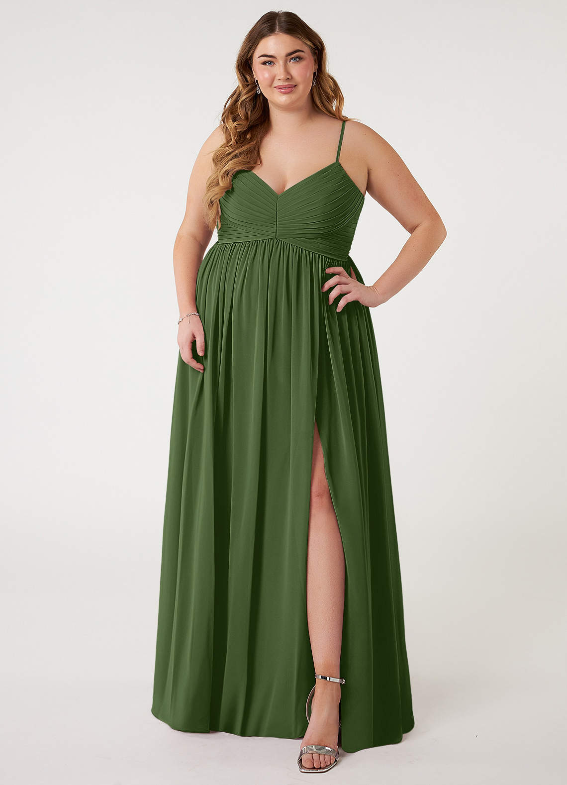 Azazie Alia Bridesmaid Dresses Olive A-Line Pleated Chiffon Dress image1