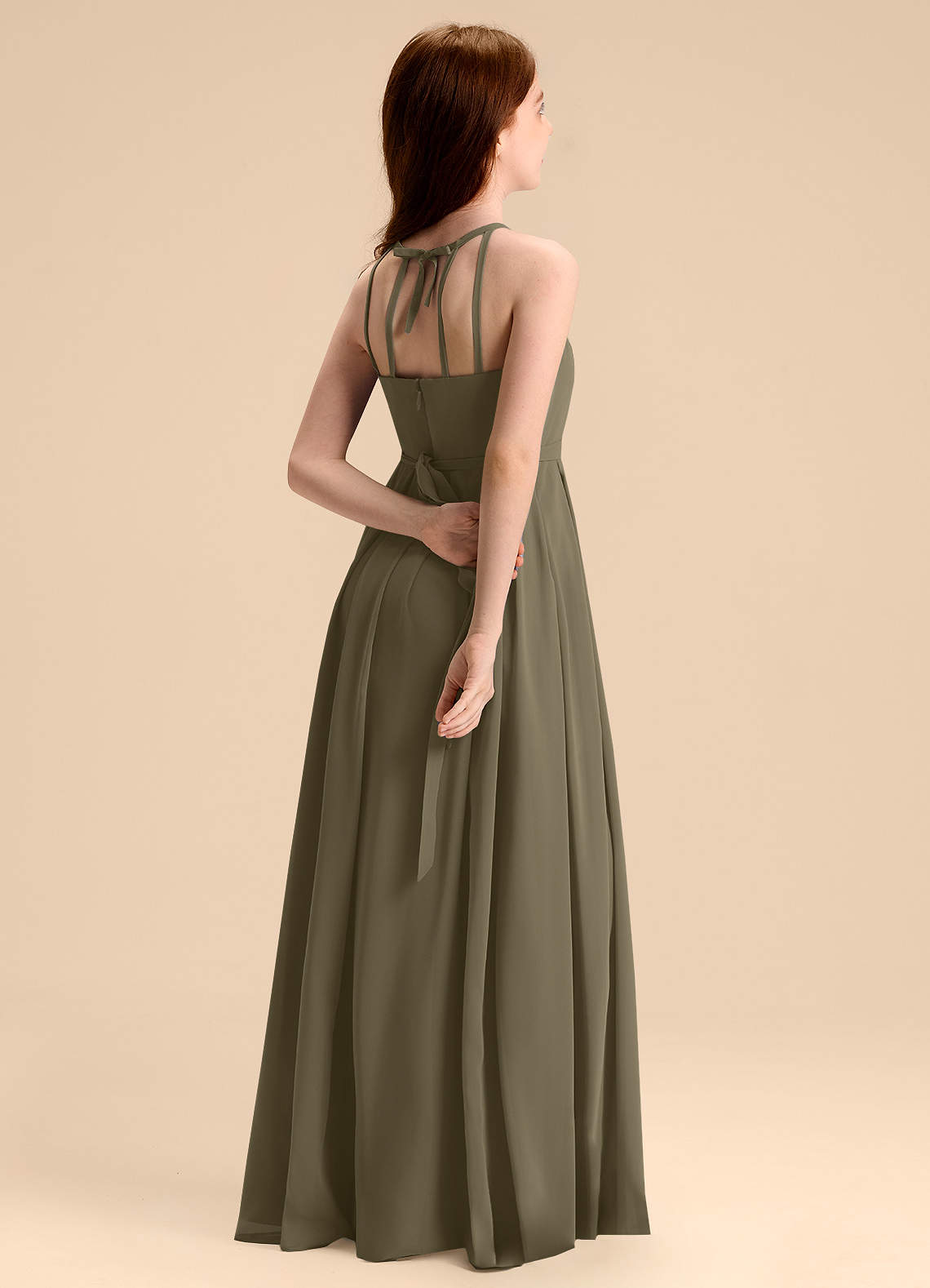 Azazie Arianthe Junior Jurk van Chiffon met A-Lijn Geplooid Wilgengroen image1