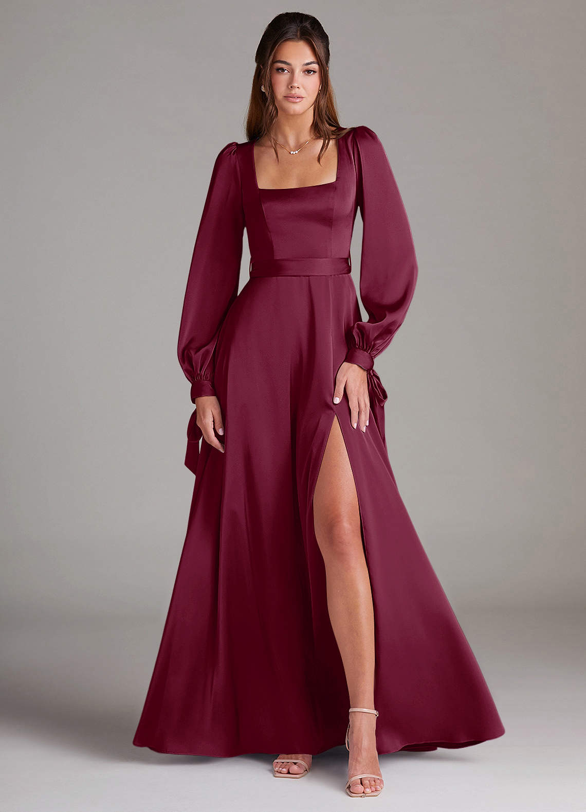 Azazie Leonia Bridesmaid Dresses Mulberry A-Line Long Sleeve Stretch Satin Dress image1
