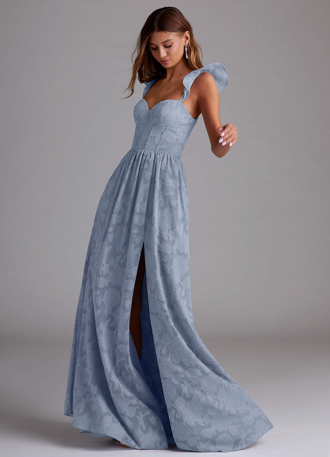 Azazie Denisse Bridesmaid Dresses Dusty Blue A-Line Ruched Floral Burnout Dress image1