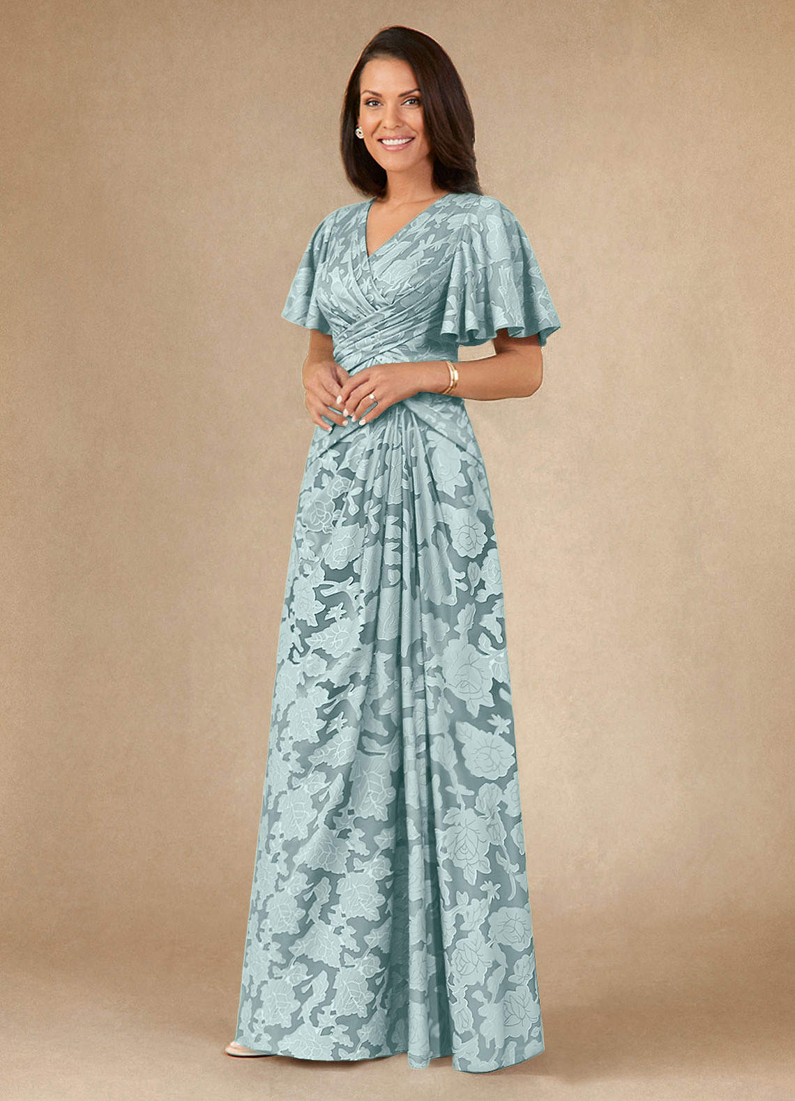 Azazie Emmeline Mother of the Bride Dresses Mist A-Line Pleated Floral Burnout Dress image2