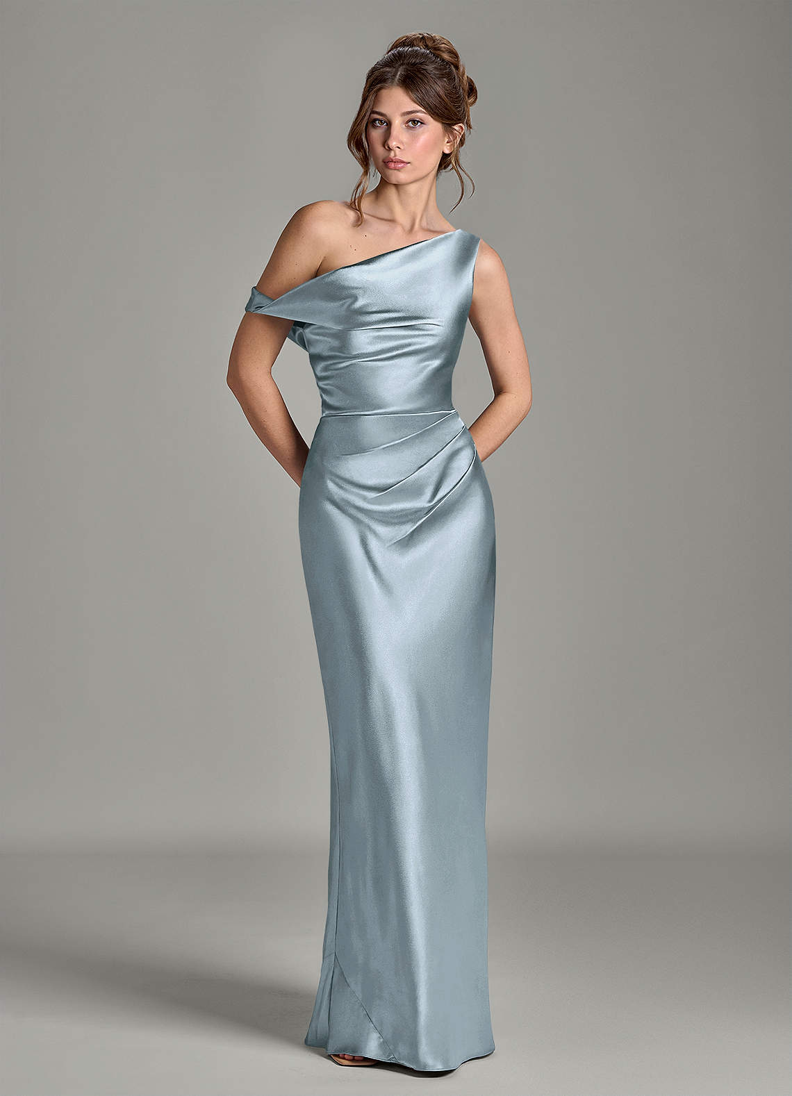 teal grey bridesmaid dresses Azazie Emerson Dusty Blue Metallic Satin Bridesmaid Dresses