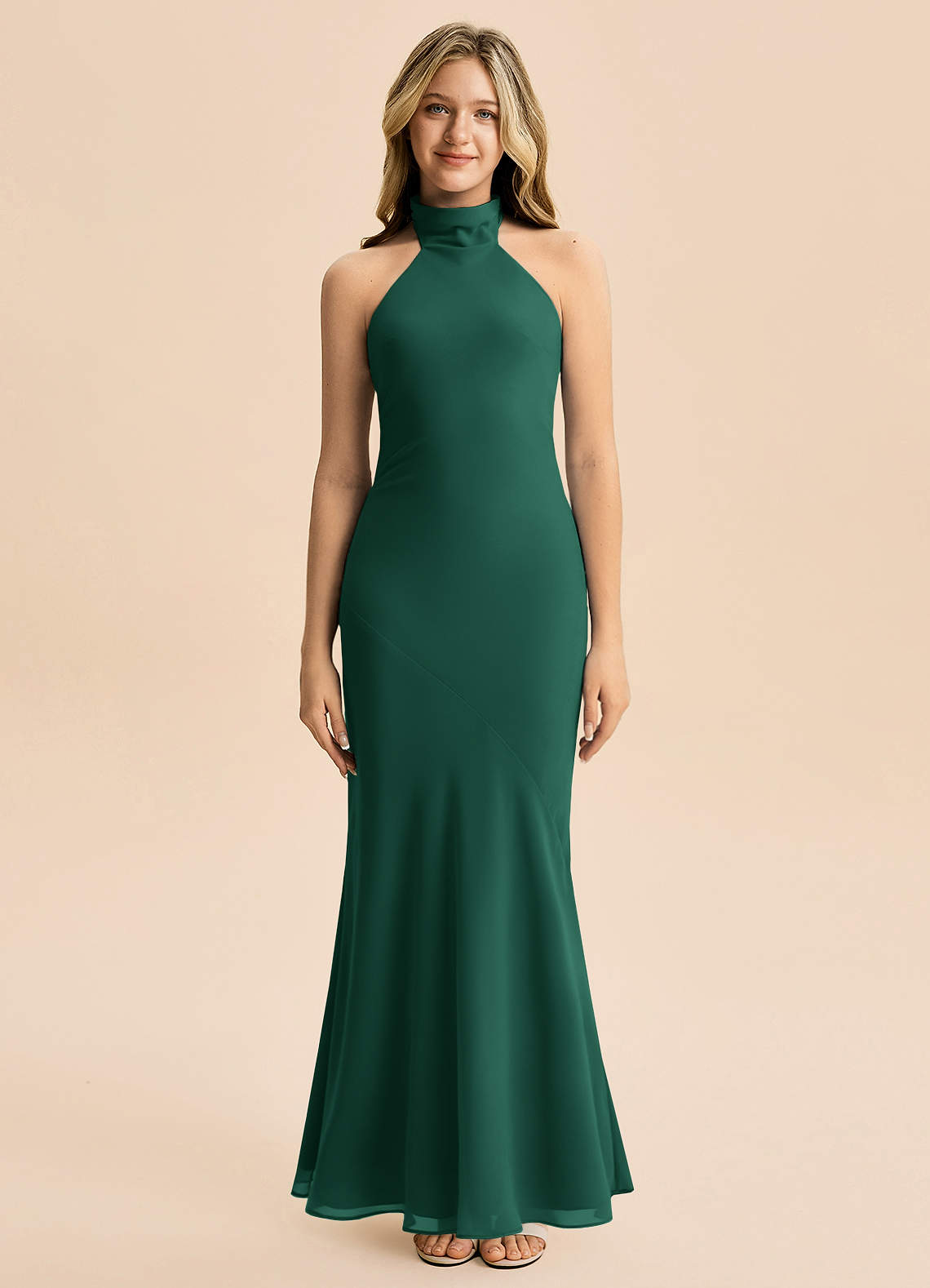 junior bridesmaid dresses emerald green Azazie Velli neck Fabric