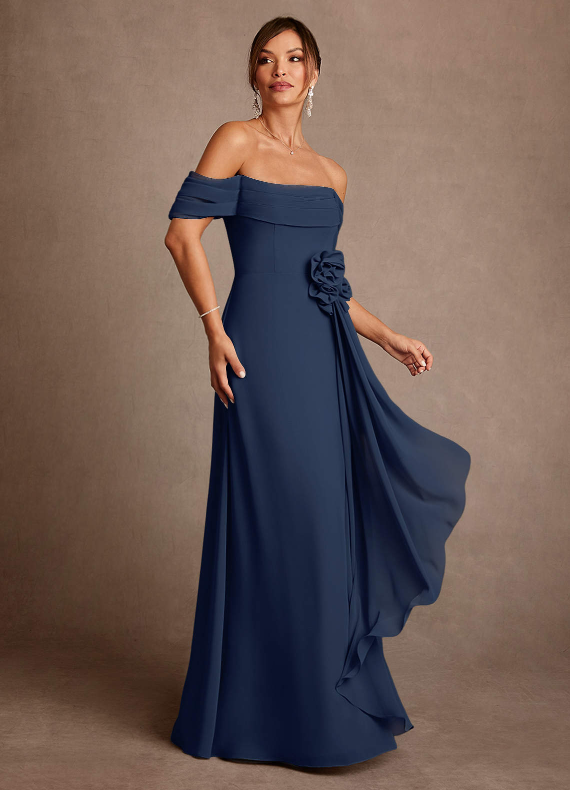 Azazie Amherst Dark Navy A-Line Off the Shoulder Chiffon Dress