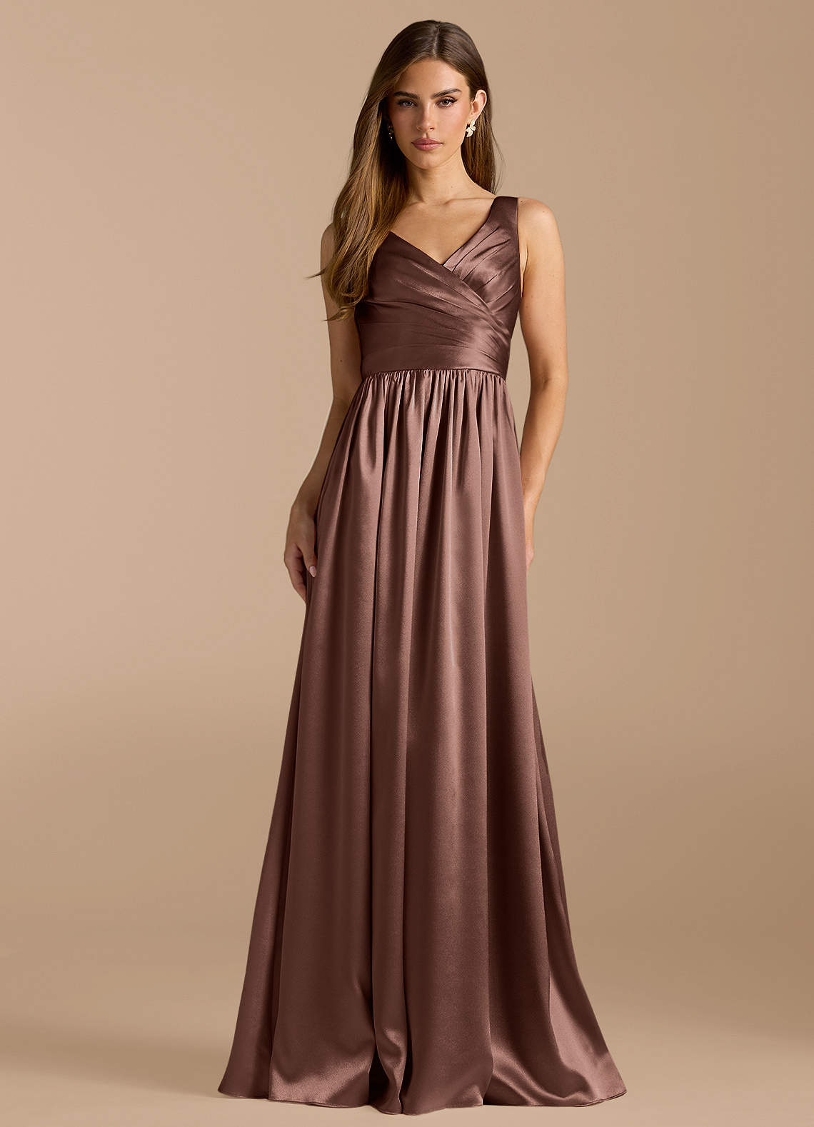 Azazie Keyla Bridesmaid Dresses Espresso A-Line Pleated Metallic Satin Dress image1