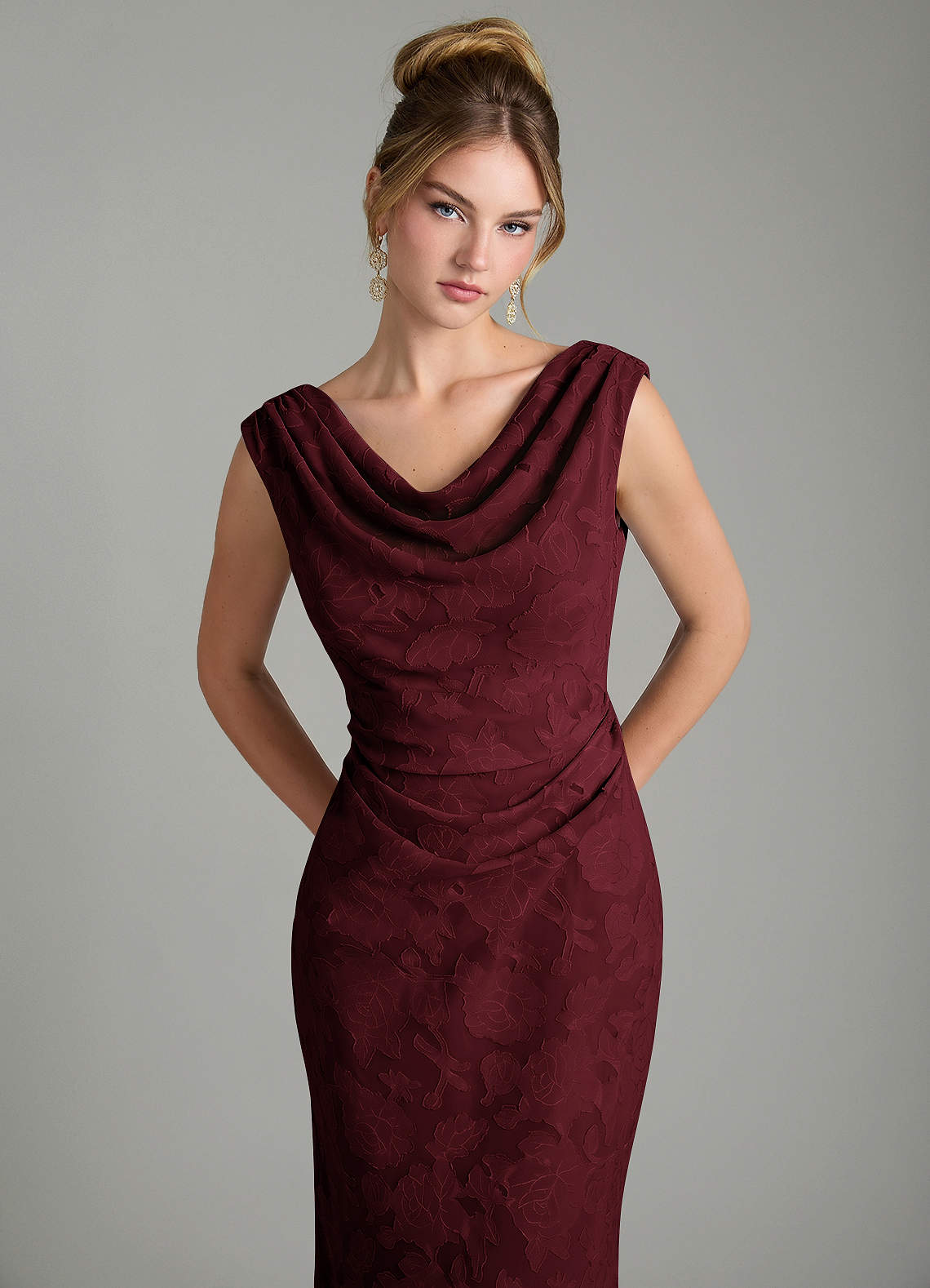 Azazie Kieryn Bridesmaid Dresses Cabernet Mermaid Pleated Floral Burnout Dress image5