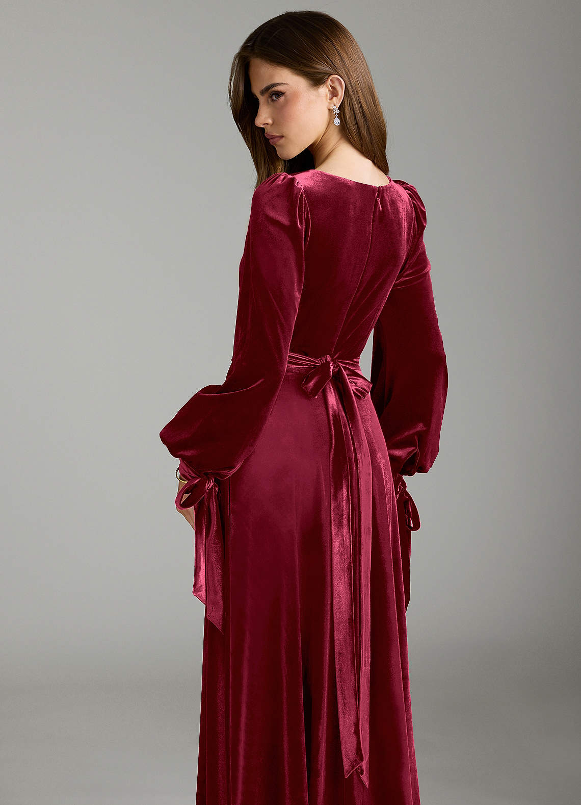 Azazie Leonia Bridesmaid Dresses Burgundy A-Line Long Sleeve Velvet Dress image1