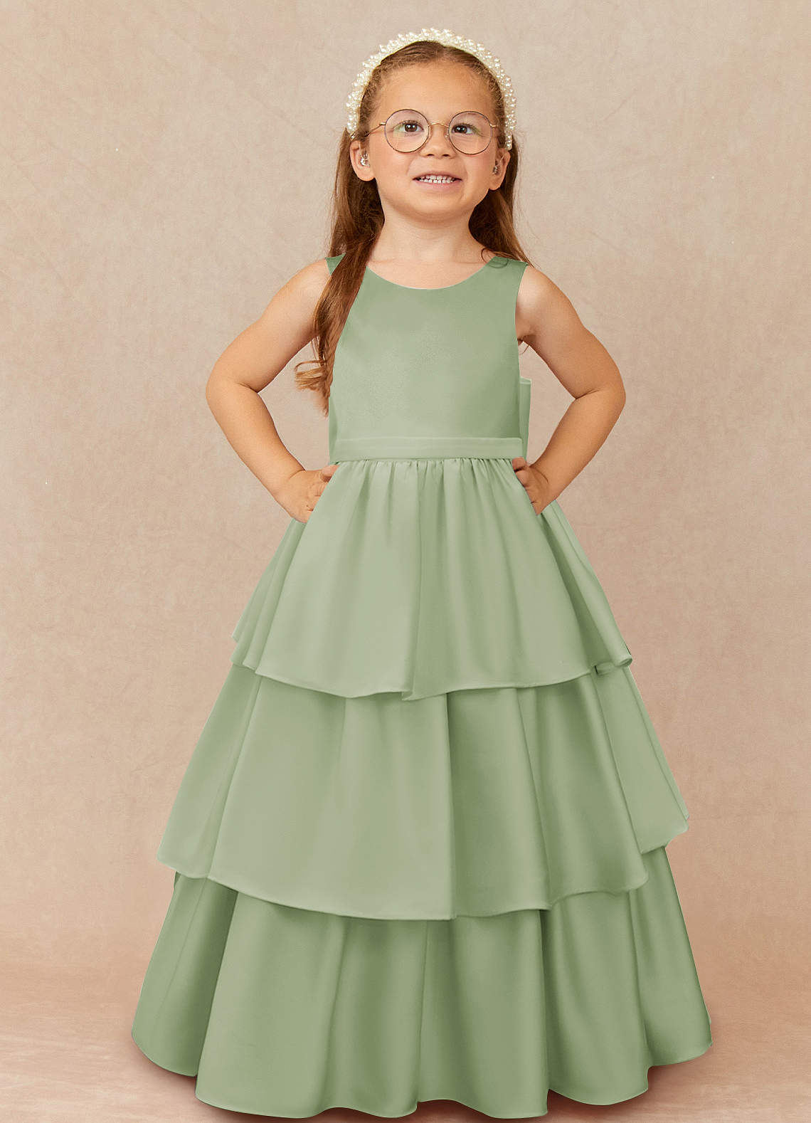 Azazie Margie Flower Girl Dresses Dusty Sage A-Line Bow Stretch Satin Dress image1