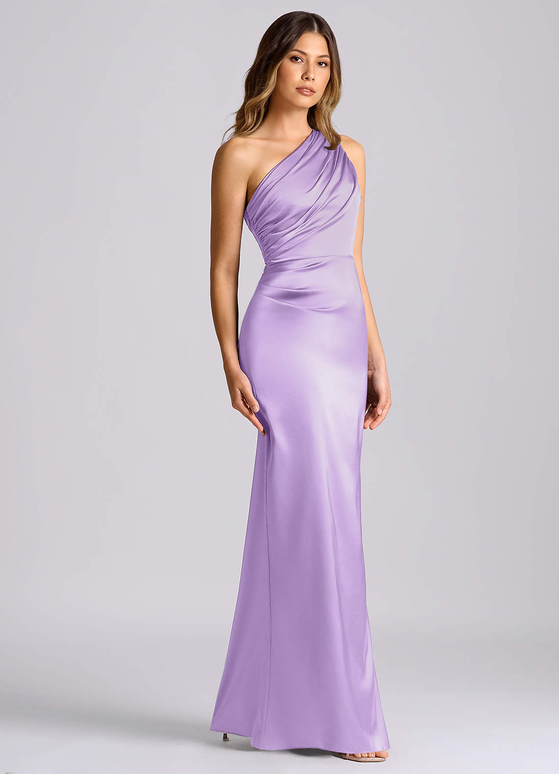 Azazie Akilah Bridesmaid Dresses Lilac Mermaid One Shoulder Stretch Satin Dress image2