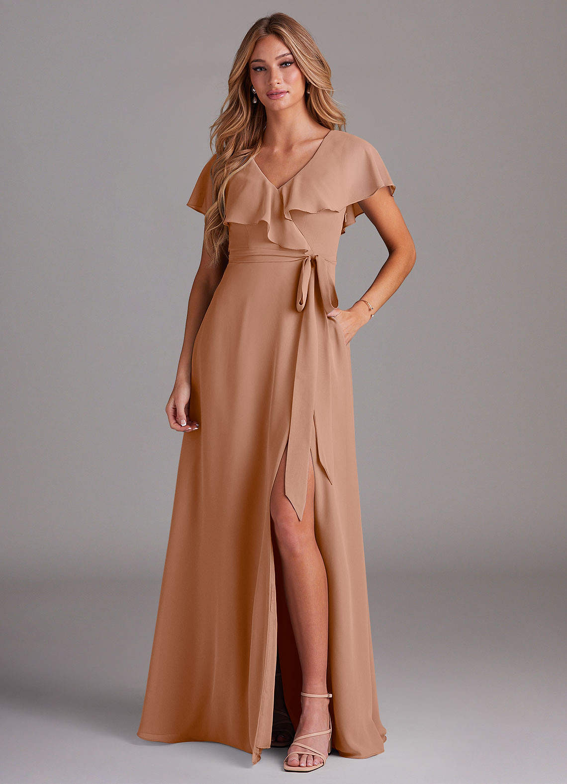 Azazie Lainey Bridesmaid Dresses Champagne Rose A-Line with Pockets Chiffon Dress image1
