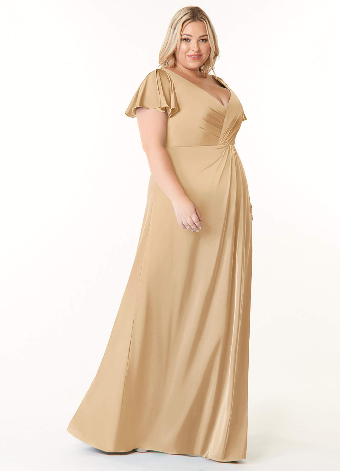 Azazie Soren Robes de demoiselle d'honneur Robe Trapèze en Satin extensible Plissée Or image9