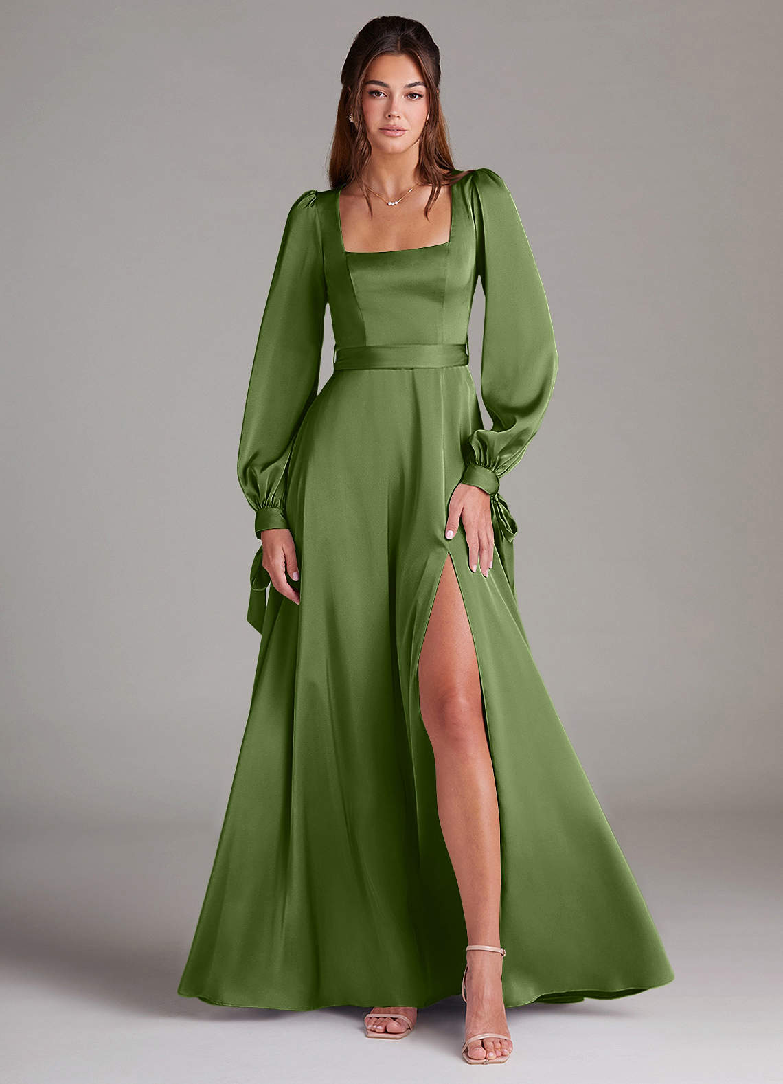 Azazie Leonia Bridesmaid Dresses Juniper A-Line Long Sleeve Stretch Satin Dress image1