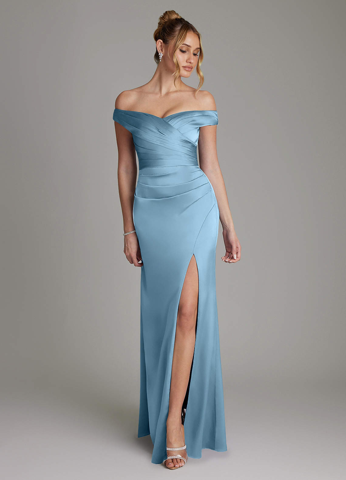 Azazie Teyana Ready to Ship Steel Blue Stretch Satin Bridesmaid