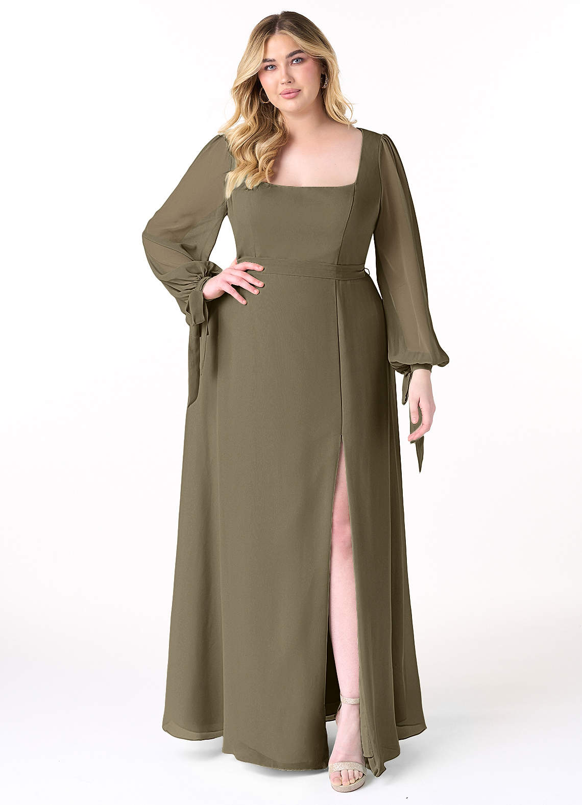 Azazie Leonia Bridesmaid Dresses Willow Green A-Line Long Sleeve Chiffon Dress image1