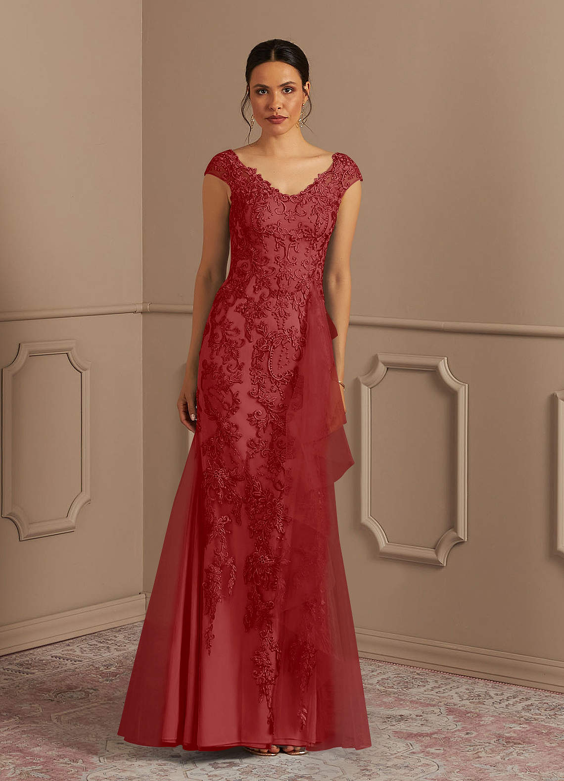 Rust Azazie Melena Mermaid Lace Tulle Floor-Length Dress | Azazie