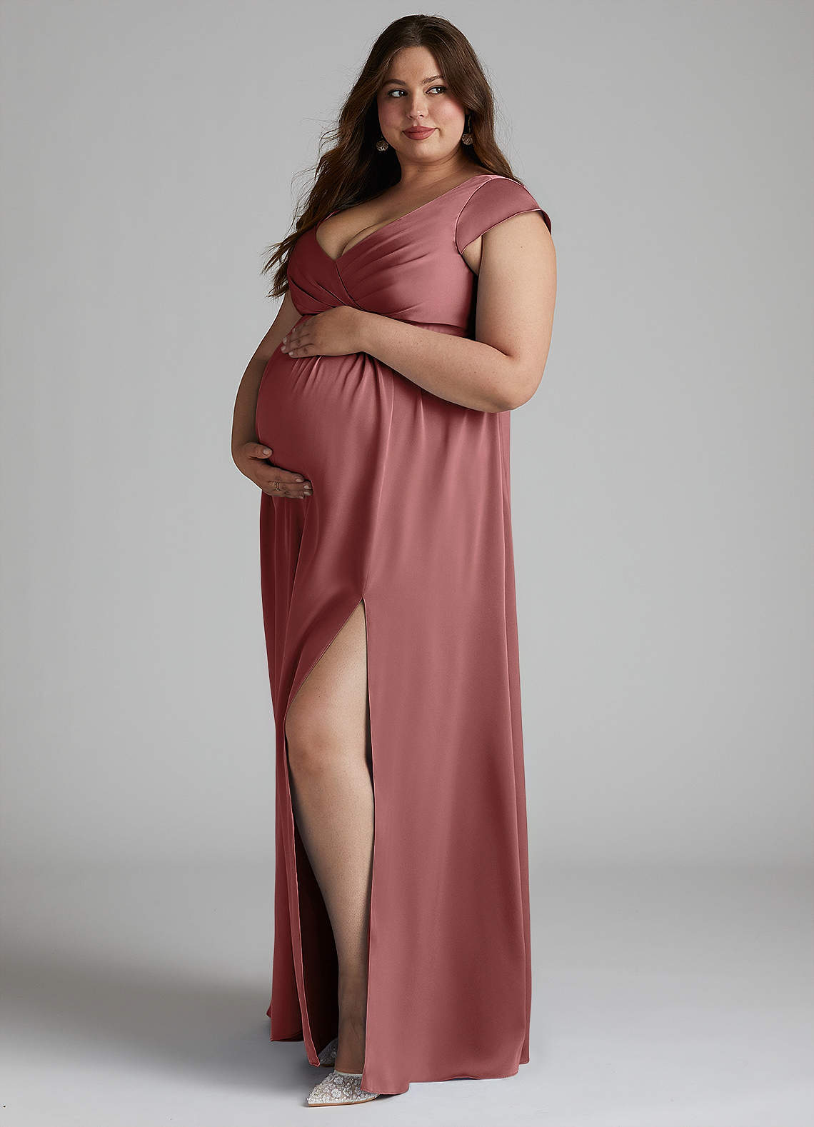 Azazie Allessia Maternity Bridesmaid Dresses A-Line Pleated Stretch Satin Floor-Length Dress image1
