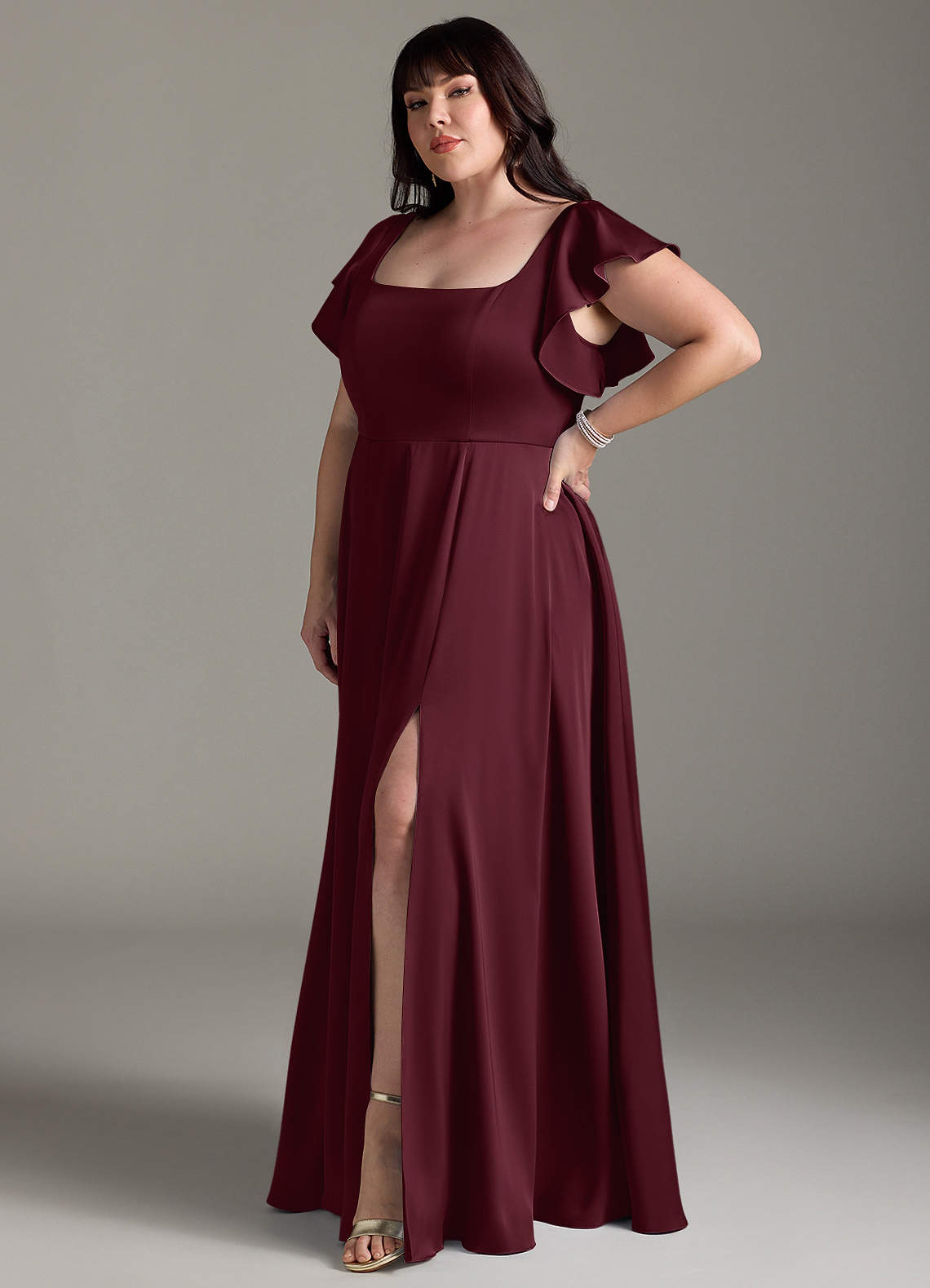 Azazie Bondi Vestidos de madrinha de casamento Vestido Cabernet de Cetim elástico de Linha A com Arco image8