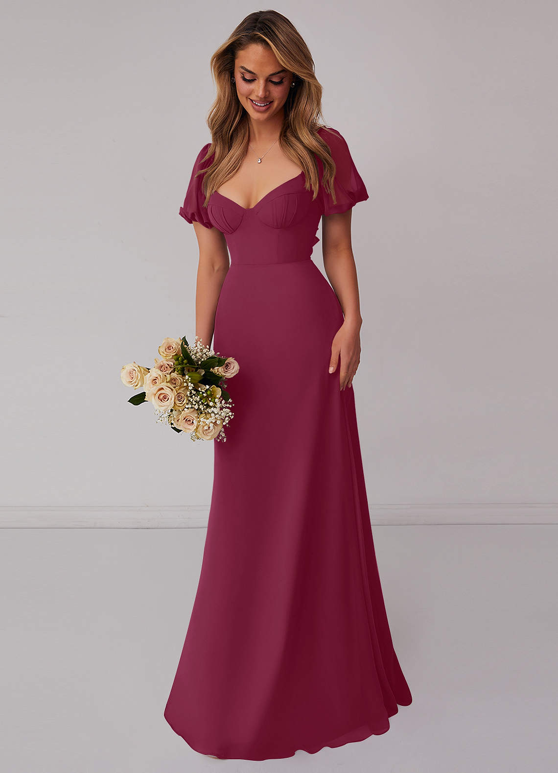 Mulberry Chiffon A-line Dress with Puff Sleeves Bridesmaid Dresses | Azazie