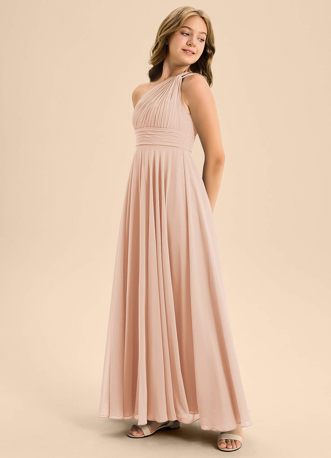 Azazie Charlize Junior Vestido de Rosa Inglesa de Gasa de Corte en A con Plisado image3