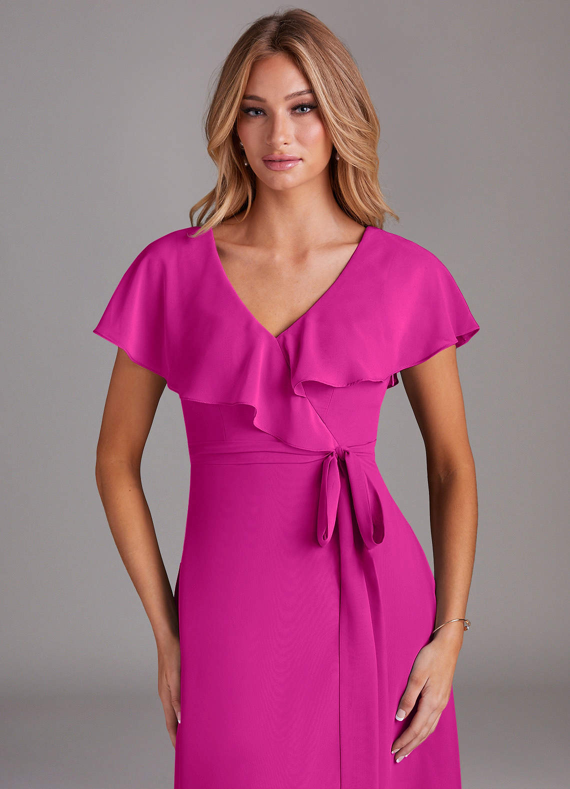 sachin and babi light blue dress Plus size Evening Dresses V Neck High Low Ruffles Floor-Length 2023 Ever  Pretty of A-line Chiffon Fuchsia Bridesmaid Dress main image 0