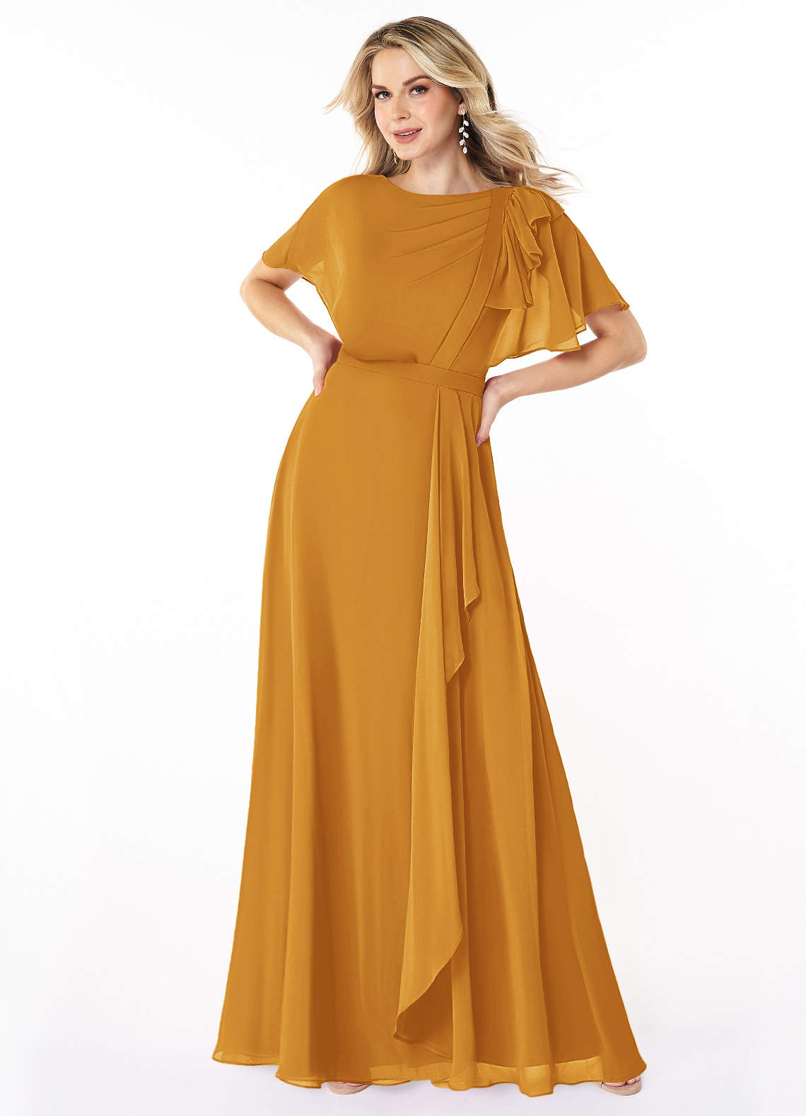 Butterscotch Azazie Aaliyah Modest Bridesmaid Dresses | Azazie