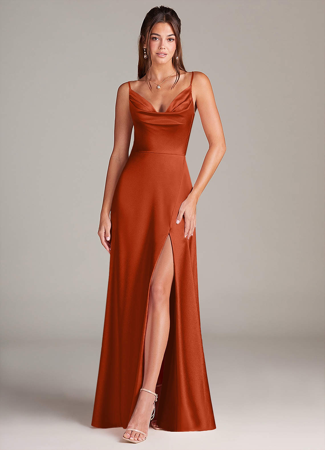 Azazie Sarella Bridesmaid Dresses Paprika A-Line with Pockets Metallic Satin Dress image1