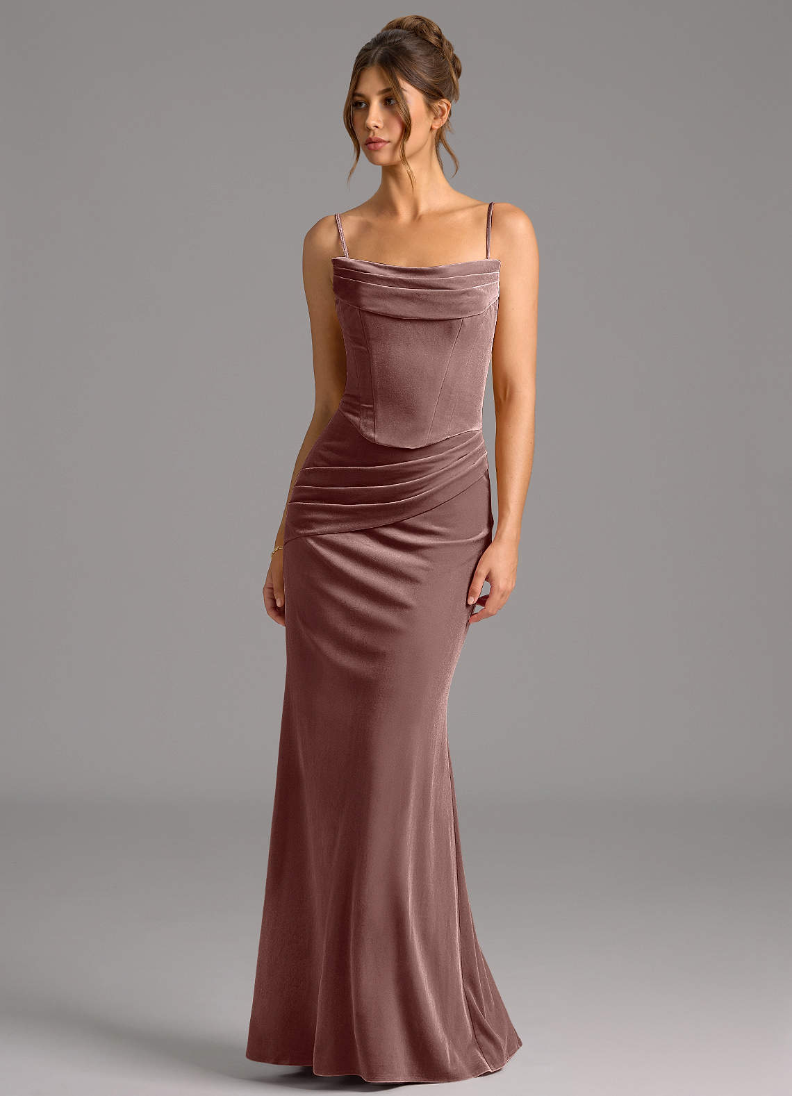 Azazie Sorrel Ready to Ship Espresso Velvet Bridesmaid Dresses