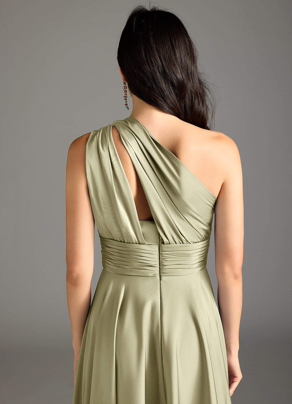 Azazie Charlize Bridesmaid Dresses Pistachio A-Line One Shoulder Stretch Satin Dress image7